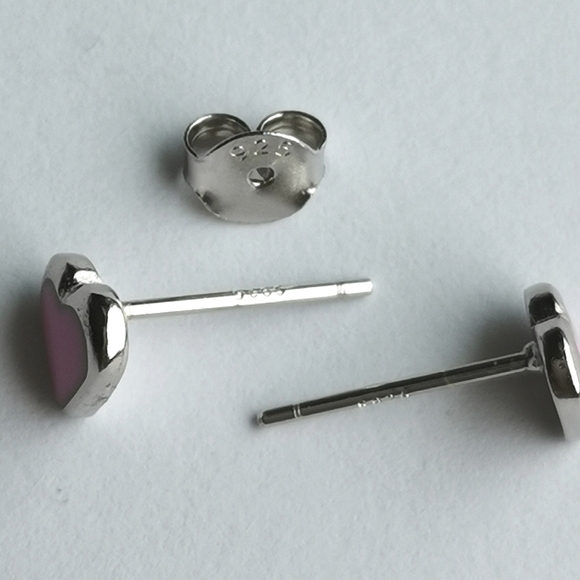 Sterling Silver Pink Enamel Heart Stud Earrings Small - Picture 3 of 4